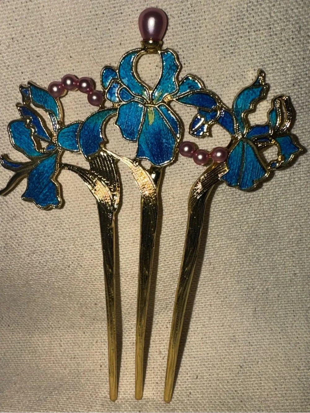 Elegant Blue & Green Enamel & Faux Pink Pearls Floral Gold Tone Metal Hair Fork